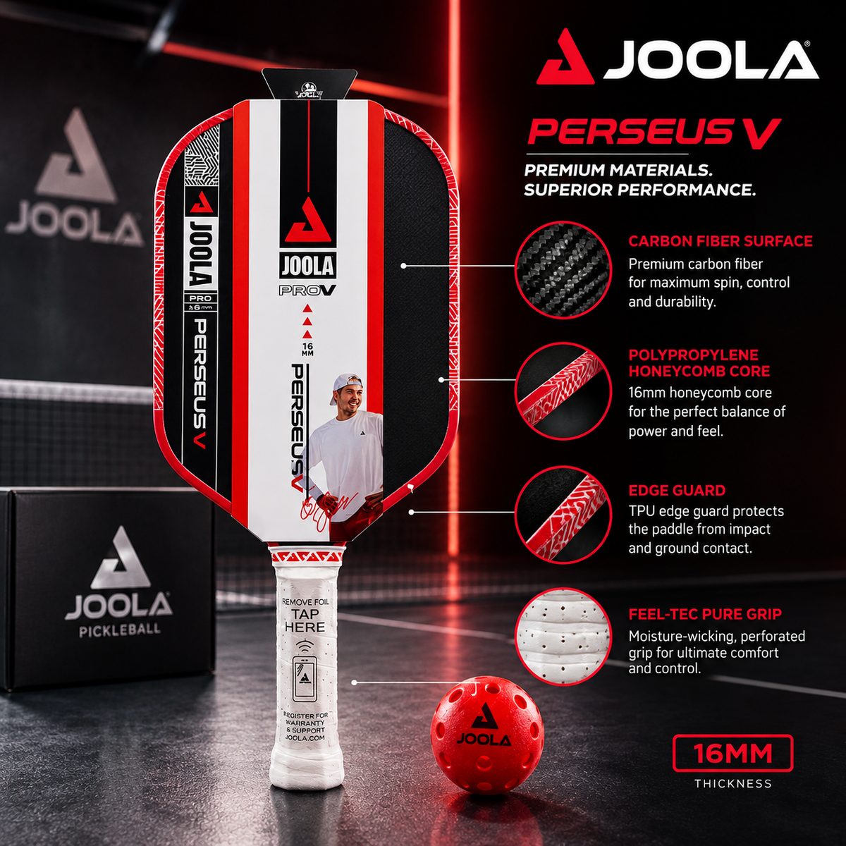 JOOLA Ben Johns Perseus Pro V 16mm Pickleball Paddle Blaze Red – Carbon Fiber Performance Paddle | Luxeora Shop
