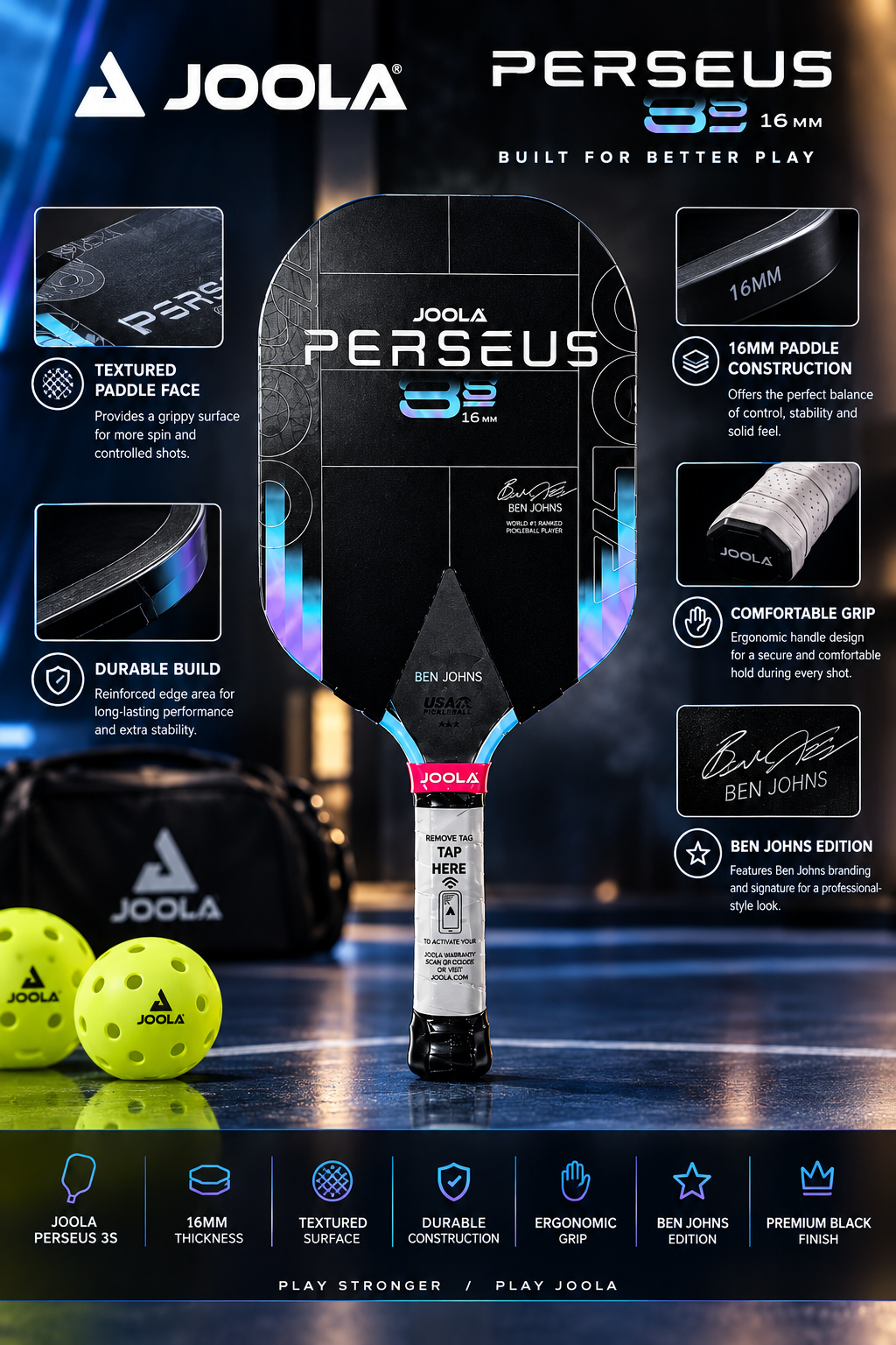 JOOLA Ben Johns Perseus 3S 16mm Pickleball Paddle – Carbon Fiber Pro Paddle | Luxeora Shop