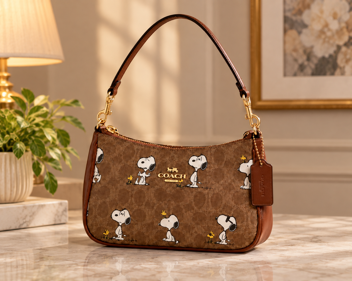 Coach x Peanuts Teri Shoulder Bag CBJ88 Tan Brown Snoopy Signature Canvas – Designer Handbag | Luxeora Shop