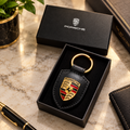 Porsche Crest Leather Keychain Black 2026 Design – Genuine Leather Luxury Car Accessory | Luxeora Shop