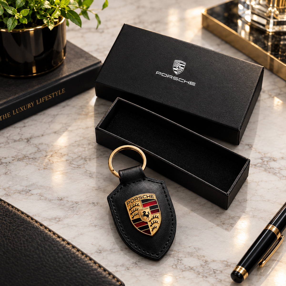 Porsche Crest Leather Keychain Black 2026 Design – Genuine Leather Luxury Car Accessory | Luxeora Shop