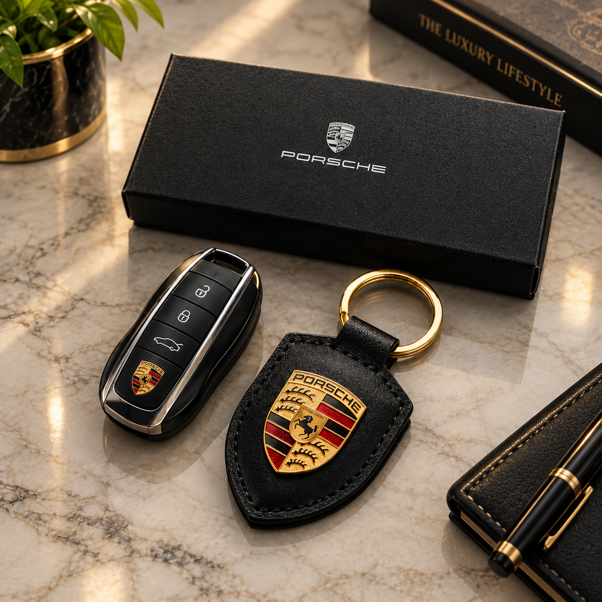 Porsche Crest Leather Keychain Black 2026 Design – Genuine Leather Luxury Car Accessory | Luxeora Shop