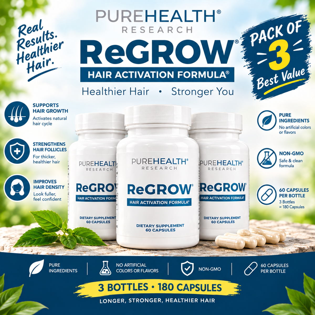 PureHealth Research ReGROW Hair Growth Supplement 60 Capsules with Biotin, Collagen & Keratin | Luxeora Shop