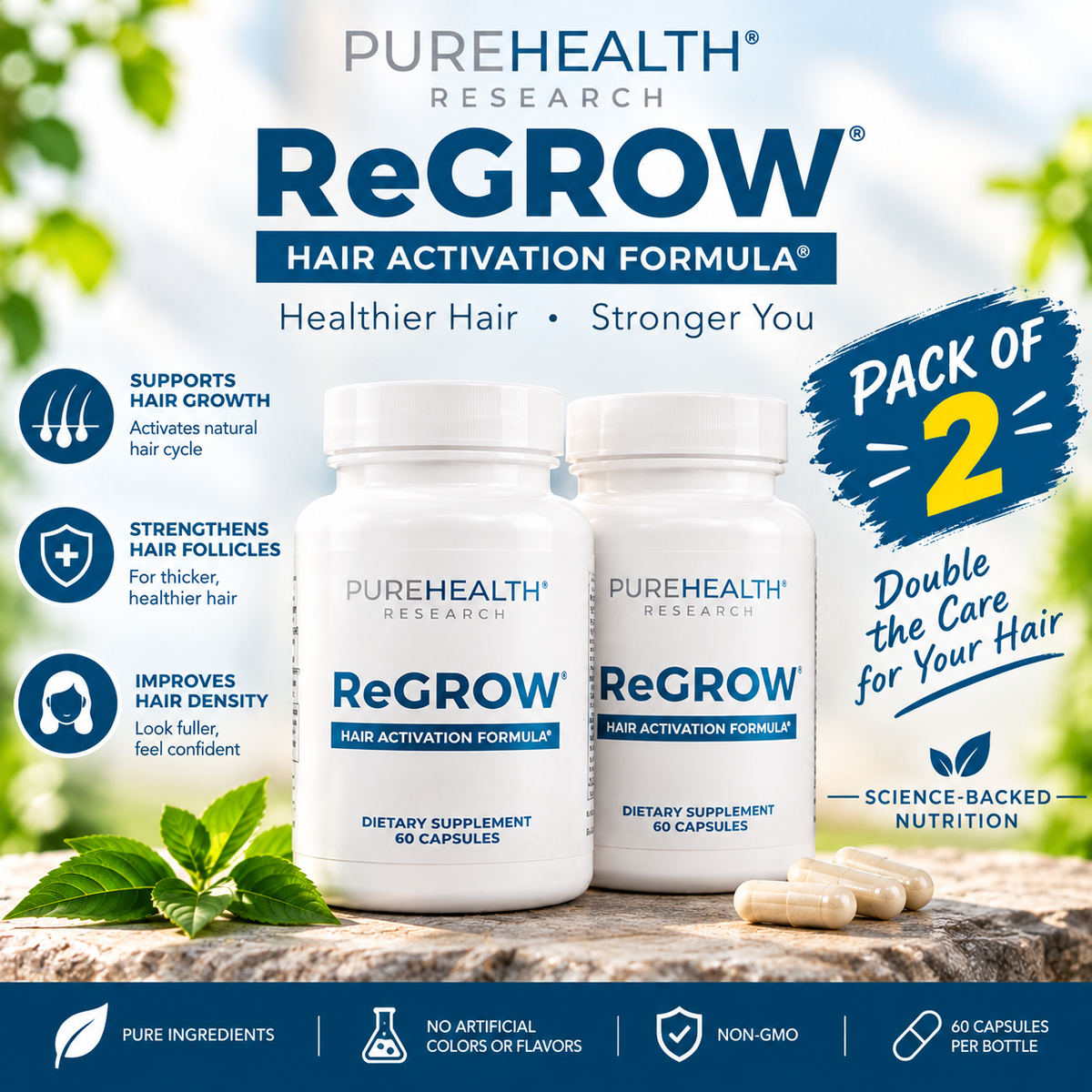 PureHealth Research ReGROW Hair Growth Supplement 60 Capsules with Biotin, Collagen & Keratin | Luxeora Shop