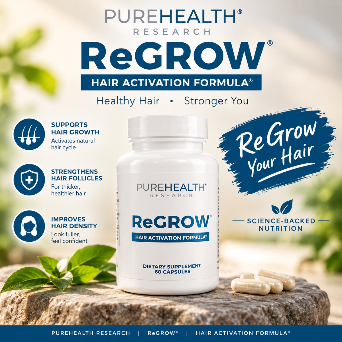 PureHealth Research ReGROW Hair Growth Supplement 60 Capsules with Biotin, Collagen & Keratin | Luxeora Shop