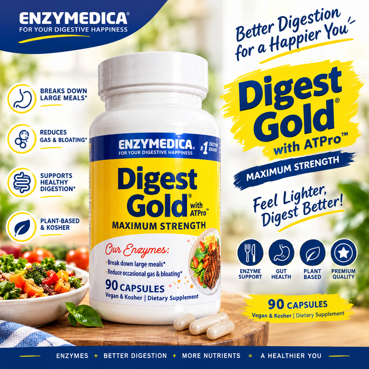 Enzymedica Digest Gold Maximum Strength Digestive Enzyme Supplement 90 Capsules | Luxeora Shop