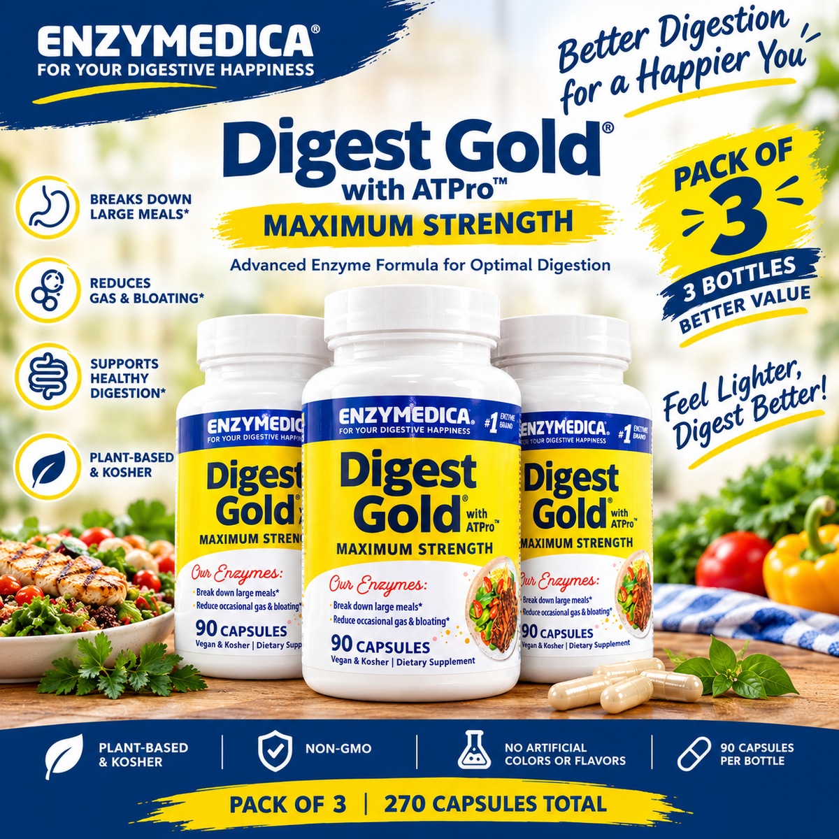 Enzymedica Digest Gold Maximum Strength Digestive Enzyme Supplement 90 Capsules | Luxeora Shop