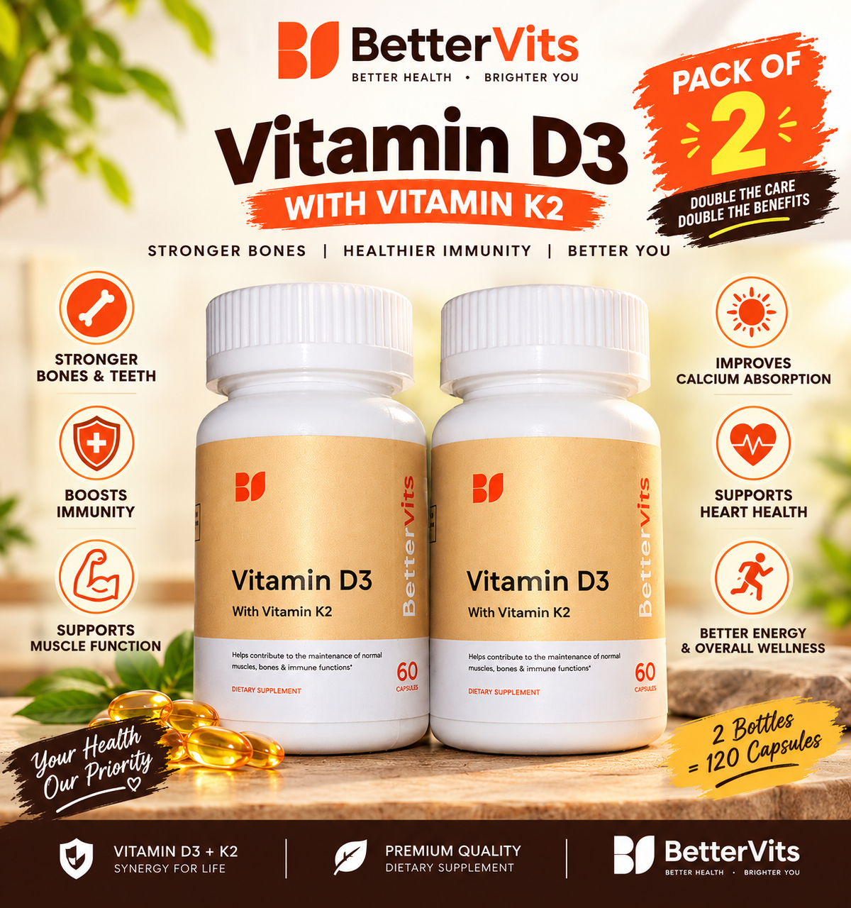 Bettervits Vitamin D3 5000 IU 60 Capsules for Women – Calcium Absorption & Bone Health Support | Luxeora Shop