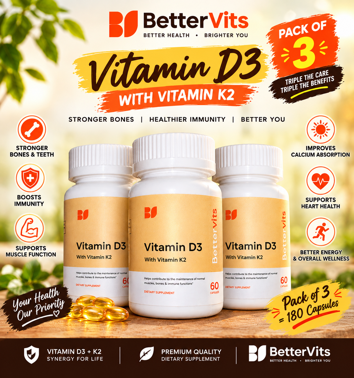 Bettervits Vitamin D3 5000 IU 60 Capsules for Women – Calcium Absorption & Bone Health Support | Luxeora Shop
