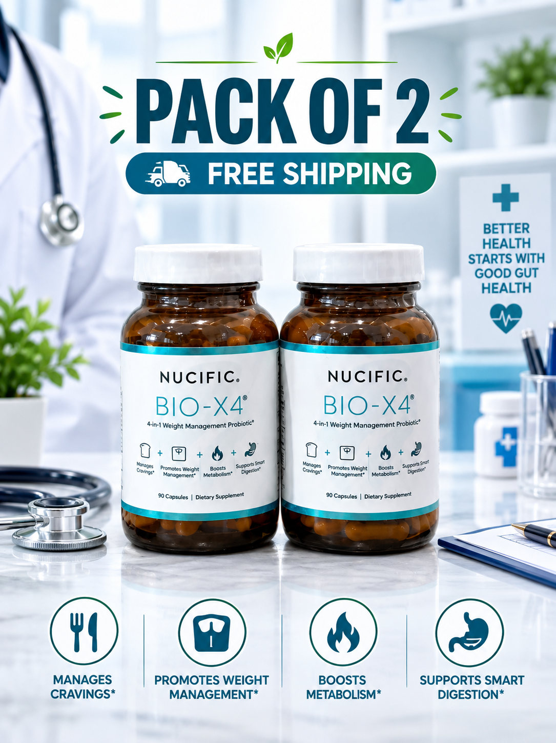 Nucific BIO-X4 4-in-1 Probiotic Supplement – Digestive & Weight Management Support, 90 Capsules