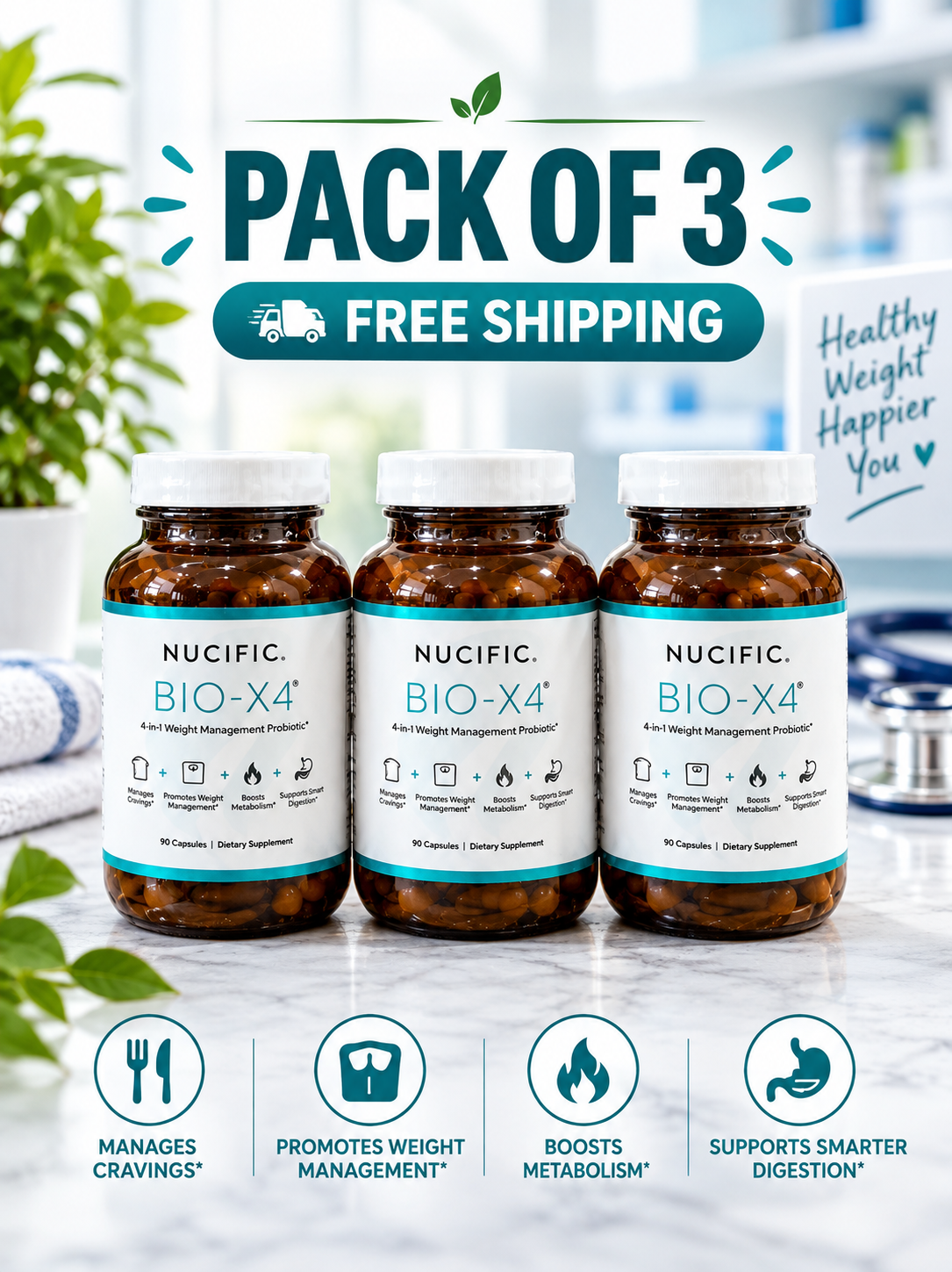 Nucific BIO-X4 4-in-1 Probiotic Supplement – Digestive & Weight Management Support, 90 Capsules